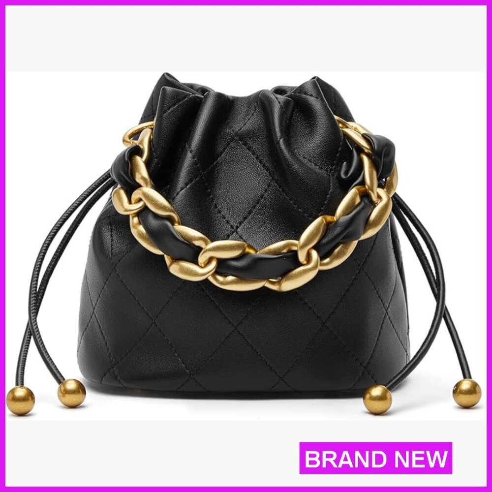 Lambskin Leather Top Handle Bucket Bag Drawstring Crossbody Purse Chunky Chain